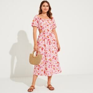 Chloe + Rene Women’s Floral Midi Dress Size L Pink White Cotton Off Shoulder NWT